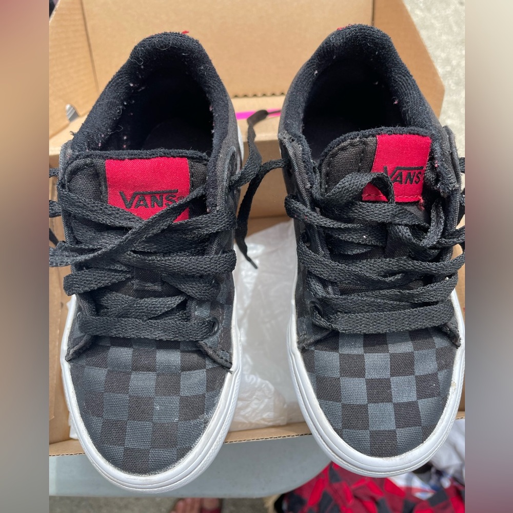 Boys Vans size 11. Rare black and grey check with red.